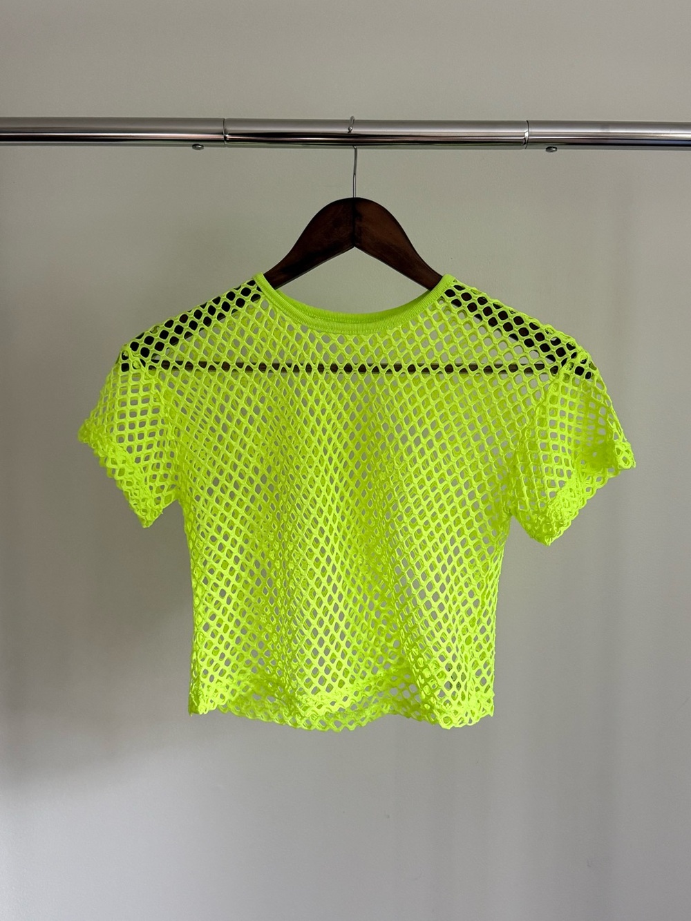 Girls' Neon Yellow Fishnet Short Sleeve Crop Top